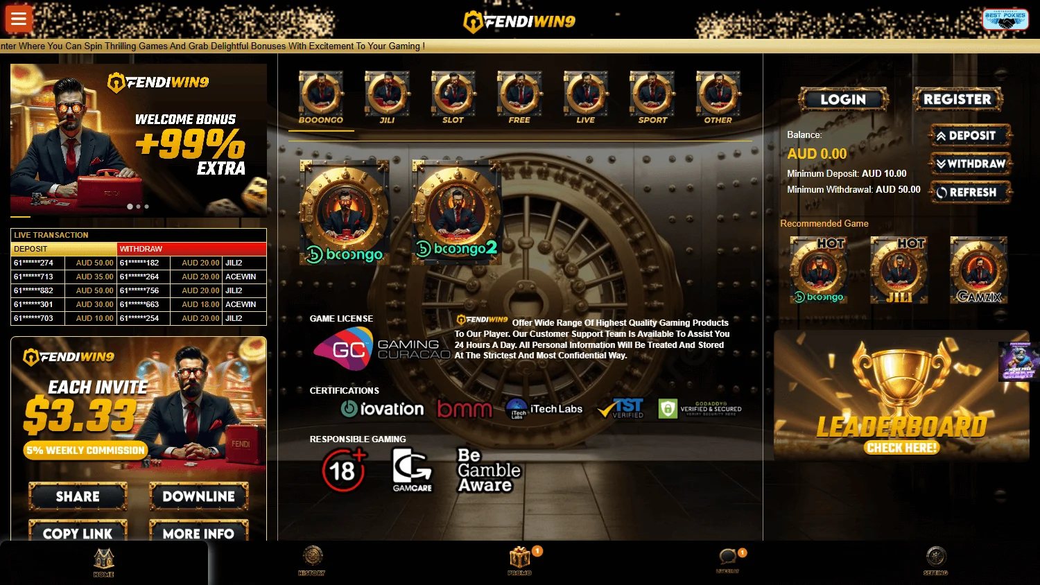 Fendiwin9 Casino desktop home lobby with AUD casino information and welcome offer