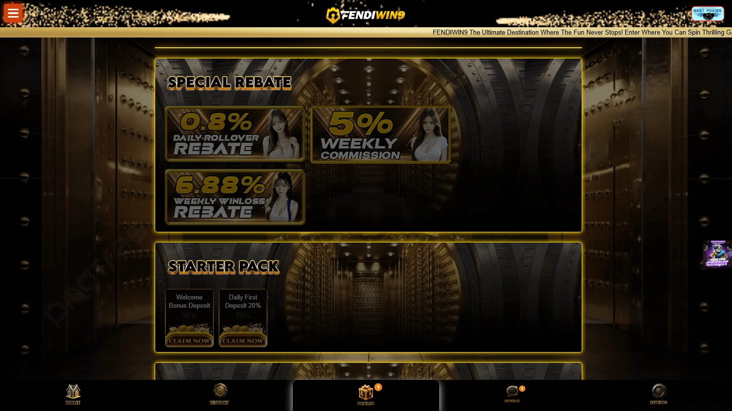 Fendiwin9 Casino desktop promotions area with bonus and promotional offers