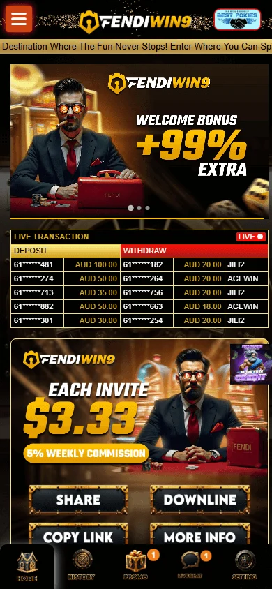Fendiwin9 Casino mobile home with touch-friendly tiles and fixed navigation